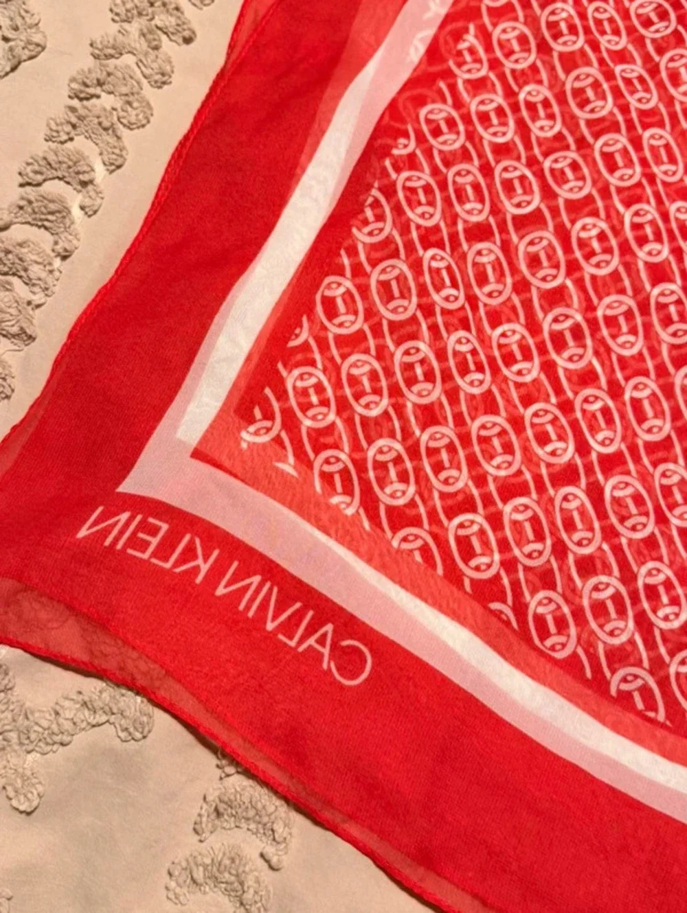 Calvin Klein Chain Print Vibrant Red Chiffon Old Money Chic Scarf
